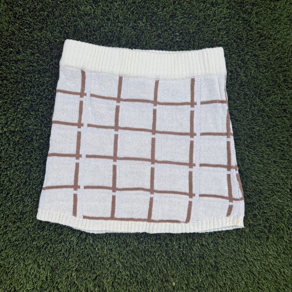 West of Melrose Cream Brown Windowpane Knit Mini Skirt Size Small‎